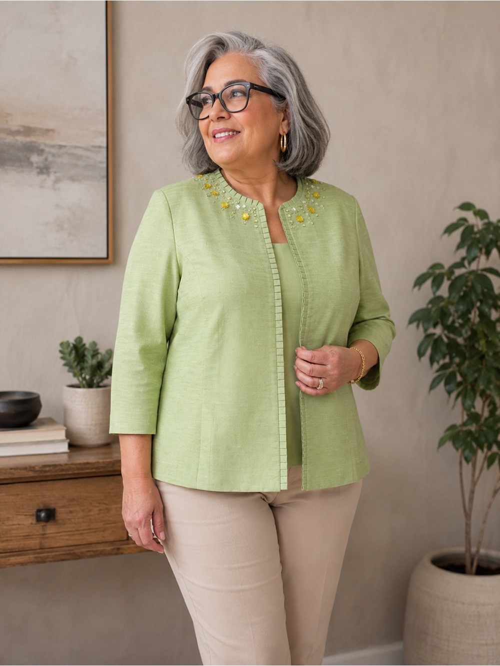 Alfred Dunner Light Green Embellished Collar Jacket